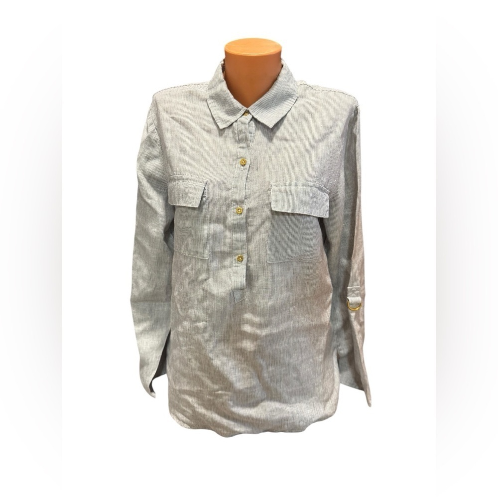 Ellen Tracy Tunic Top Women Size L Gray White Striped 100% Linen Long Sleeves